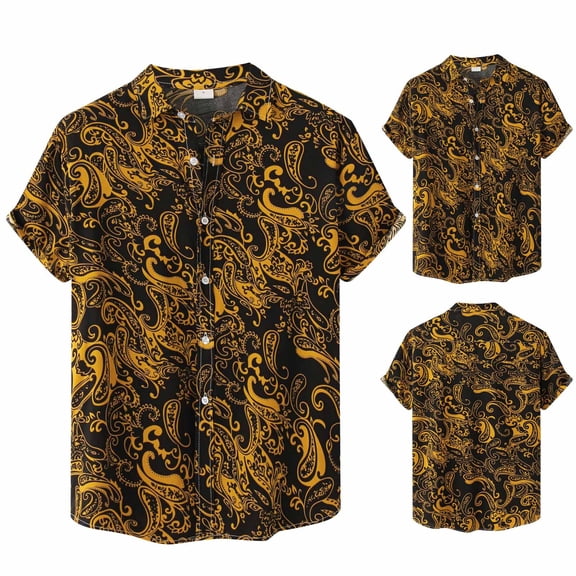 Mens Pique Shirts Fashion Large Size Lapel Button Short Sleeve Printed Mens Graphic T-Shirts,Gold,2XL