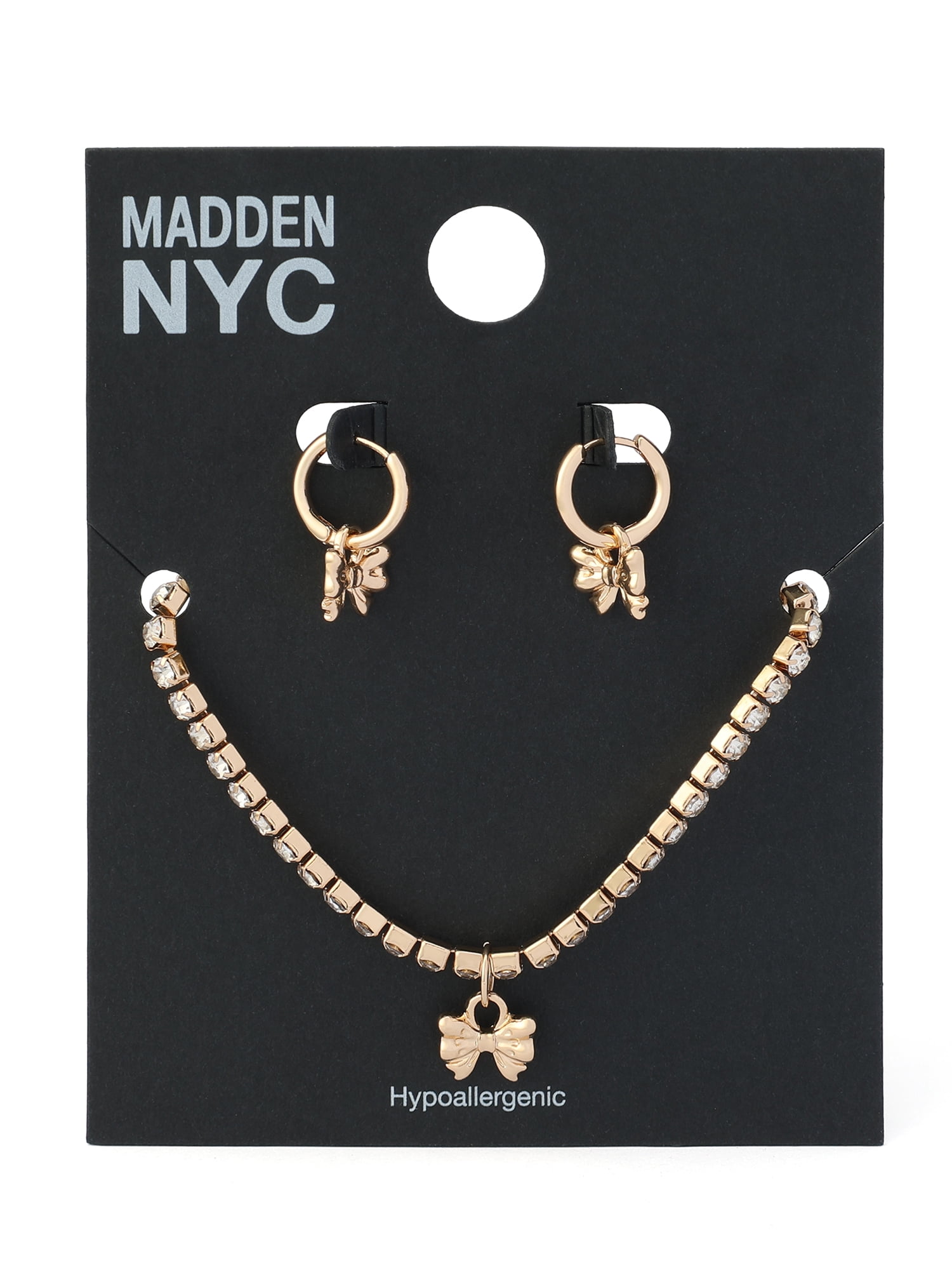 Madden NYC Women's Fashion Crystal Bow Hoop Earring & Necklace Jewelry Set