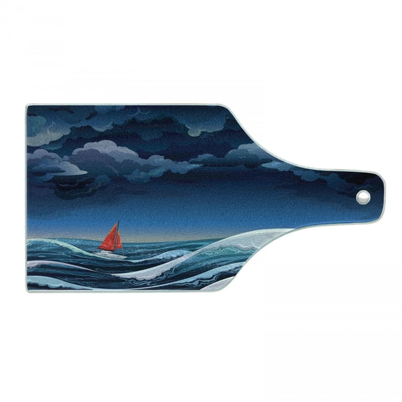 Sailboat Cutting Board, Night Seascape with Sailboat and Stormy Dramatic Sky Cartoon Illustration, Tempered Glass Cutting and Serving Board, Wine Bottle Shape, Petrol Blue Teal, by Ambesonne