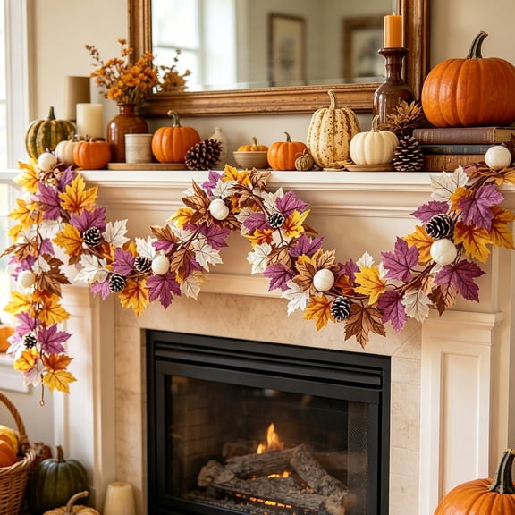 AUNVITO Artificial Autumn Maple Leaf Hanging Vine, Realistic Harvest Foliage Ornament, Indoor Fireplace Window Dual Holiday Decor