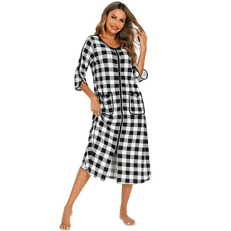 

[BRAND HIGH QUALITY!]Autumn Women Plaid Zipper Front Robes Long Sleepwear Soft Nightgown Warm Homewear Maternity Bathrobe Pajamas
