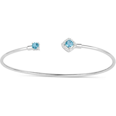 Genuine Blue Topaz and White Topaz Sterling Silver Rhodium-Plated Cushion-Cut Shaped Halo End and Round End Cuff Bangle