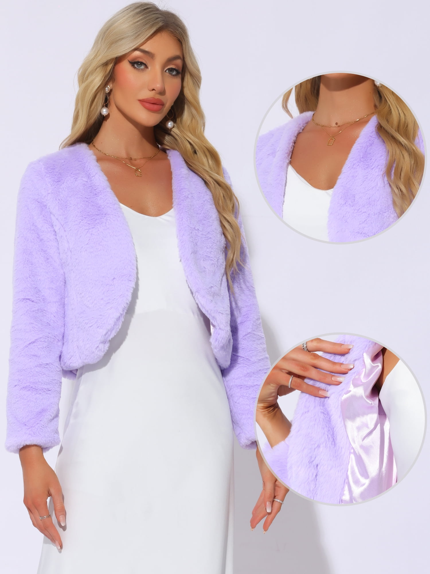 DARING DIVA Women's Faux Fur Cropped Open Front Jacket Bolero Coat S Light Purple