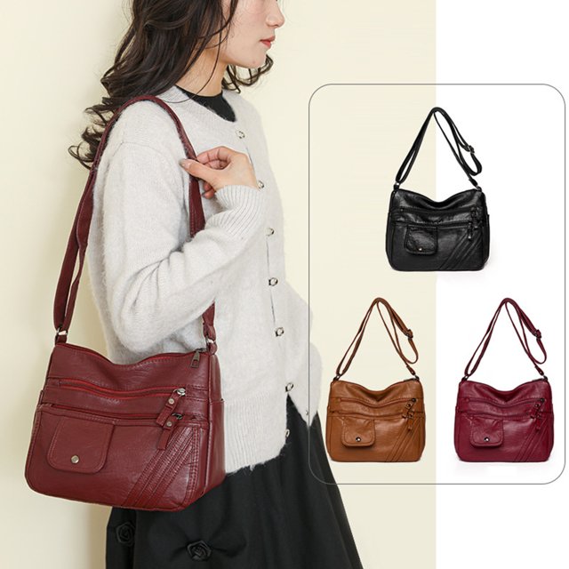 Bolso de hombro para mujer | Bolso de cuero suave de moda con múltiples bolsillos | Bolsa de poliuretano texturizado de gran capacidad | Bolso versátil y duradero | 27x20x13cm | Negro Marrón Rojo