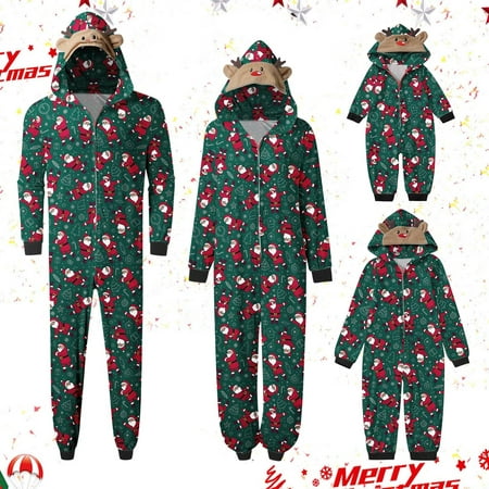 

YYDGH Family Matching Christmas Onesies Cute Vacation Santa Claus Print One Piece Pajamas Elk Antler Hooded Holiday Sleepwear Nightwear