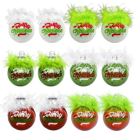 Mecorevxz 12 Pcs Red and Green Christmas Ornaments DIY Flat Ball Christmas Ornaments with Fuzzy Hair Glitter Plastic Babules Suitable for Xmas Tree,Home Decor