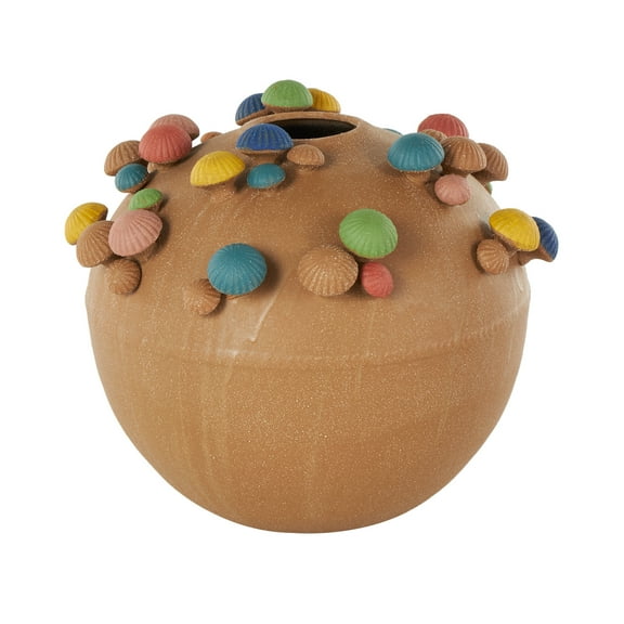 DecMode 12" Mushroom Round Wide Brown Ceramic Vase with Multicolor Accents and White Speckles