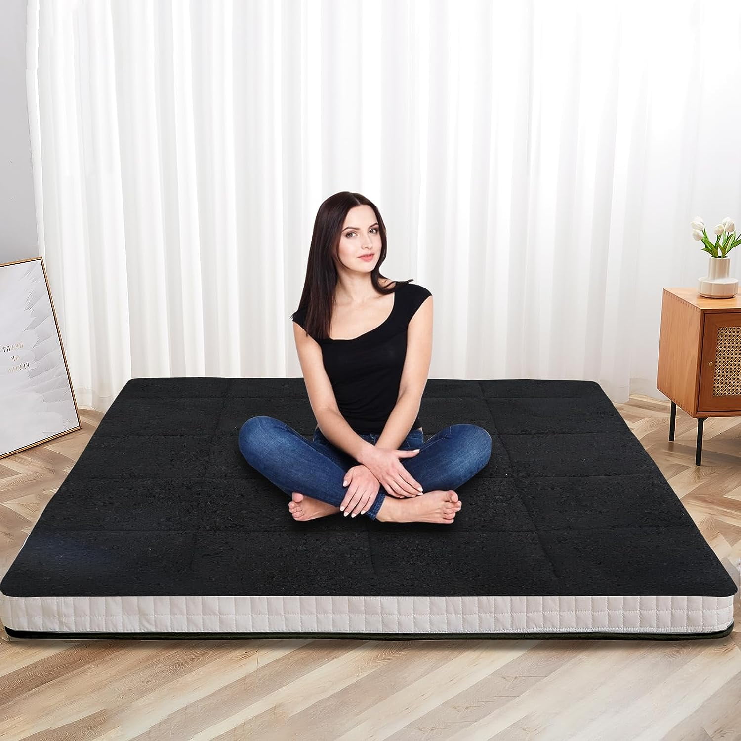 Slsy Winter Fleece Japanese Futon Floor Mattress, 4" Thick Fluffy Plush Reversible Shaggy Mattress, Cozy Sherpa Folding Roll Up Mattress, Fuzzy Faux Fur Sleeping Pad