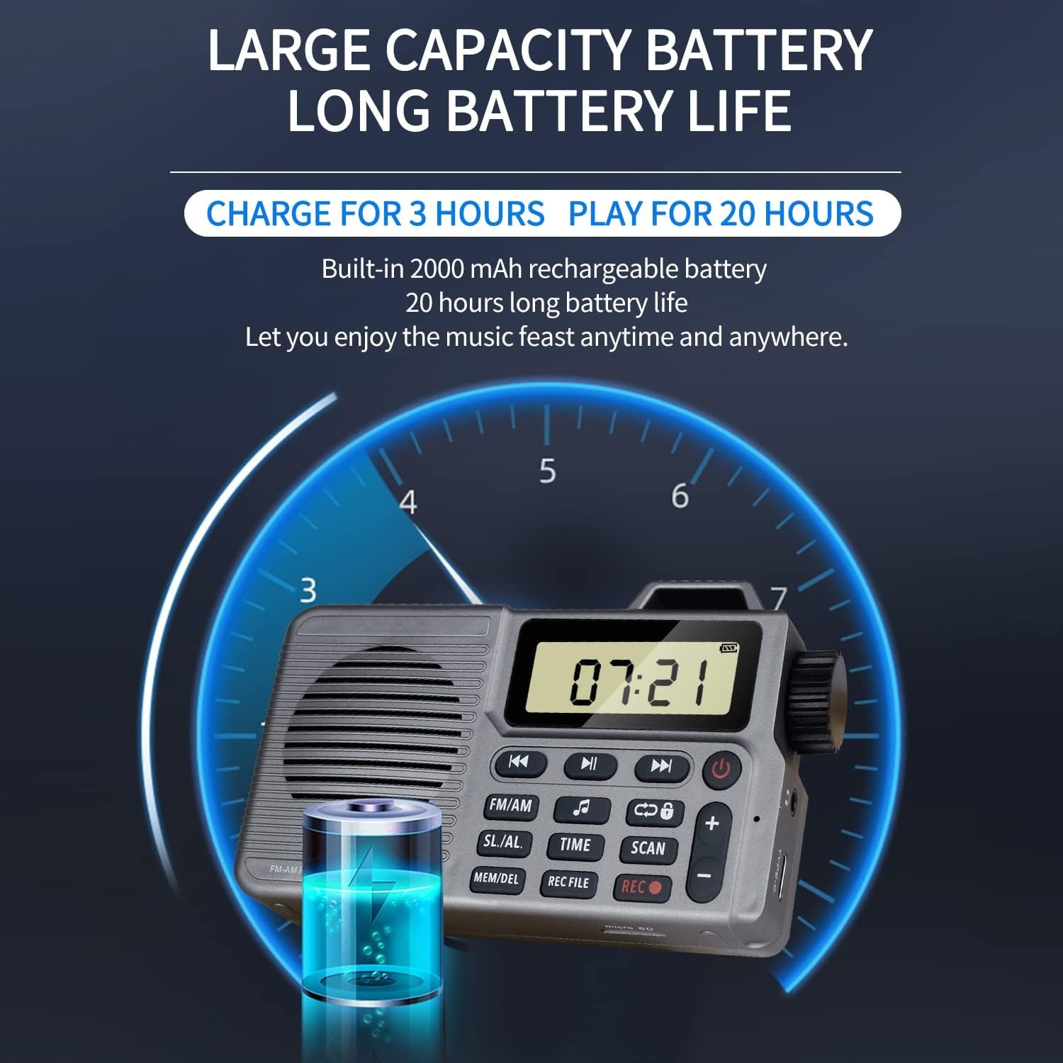 Portable AM/FM Radio with Bluetooth Speaker, Recording, Alarm Clock, and Long Battery Life | Compact Design for Home, Outdoor, and Travel