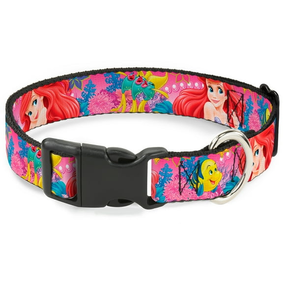 Disney Pet Collar, Dog Collar Plastic Buckle, Ariel Flounder Fish Trio Poses Pinks, 11 to 16.5 Inches 1.0 Inch Wide
