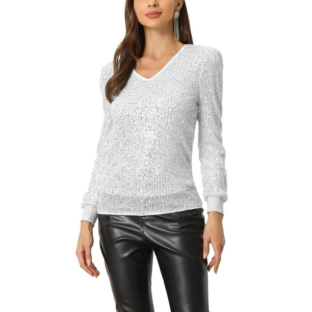 TOP DE LENTEJUELAS INSPIRADOR CHIC PARA MUJERES CON ESCOTE EN V, BLUSAS BRILLANTES L PLATA