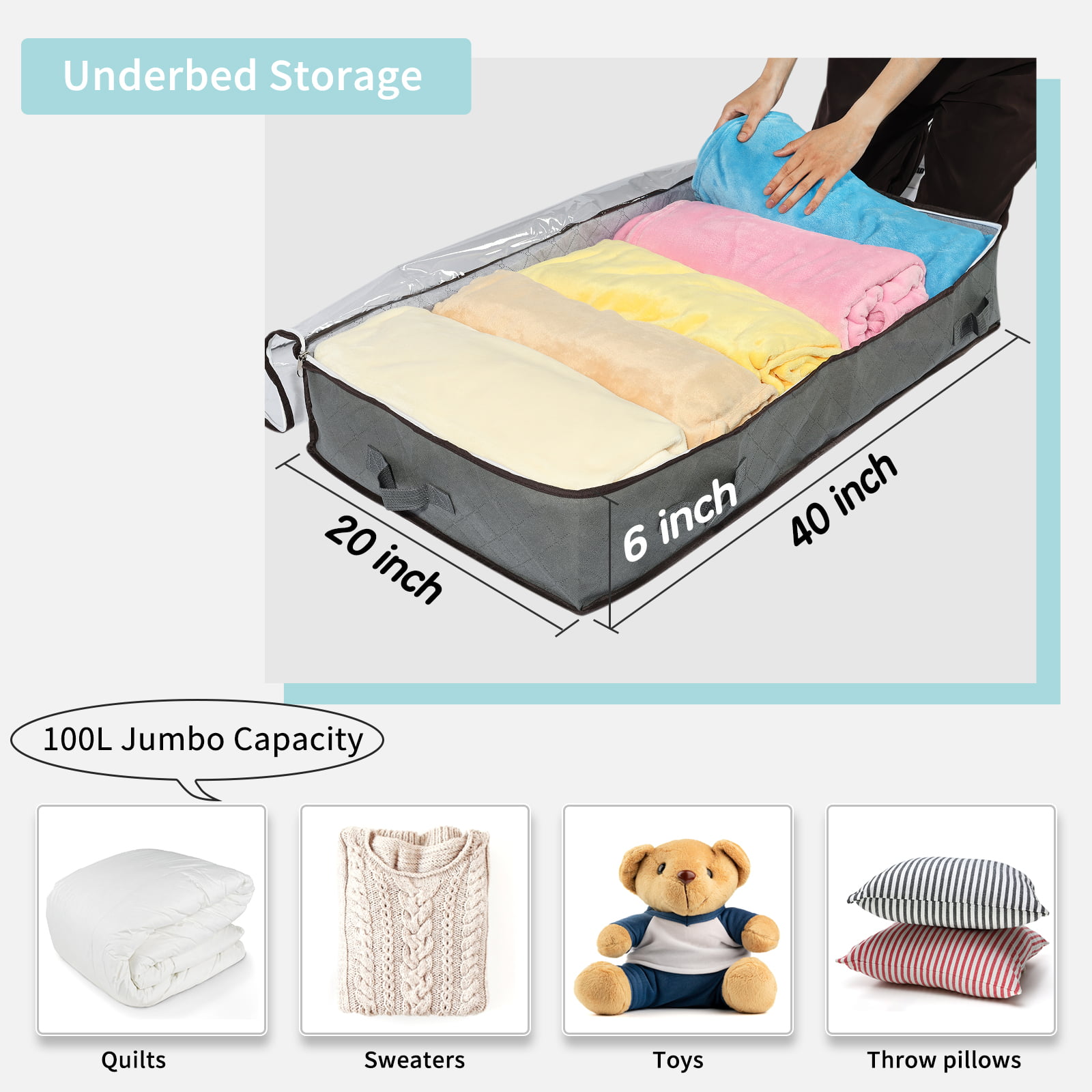 3pc 100l Large Storage Bag With Zip,clothes Storage Bags Moving Bags,under  Bed Storage Bags For Clothes,duvets,pillows,bedding,775524cm