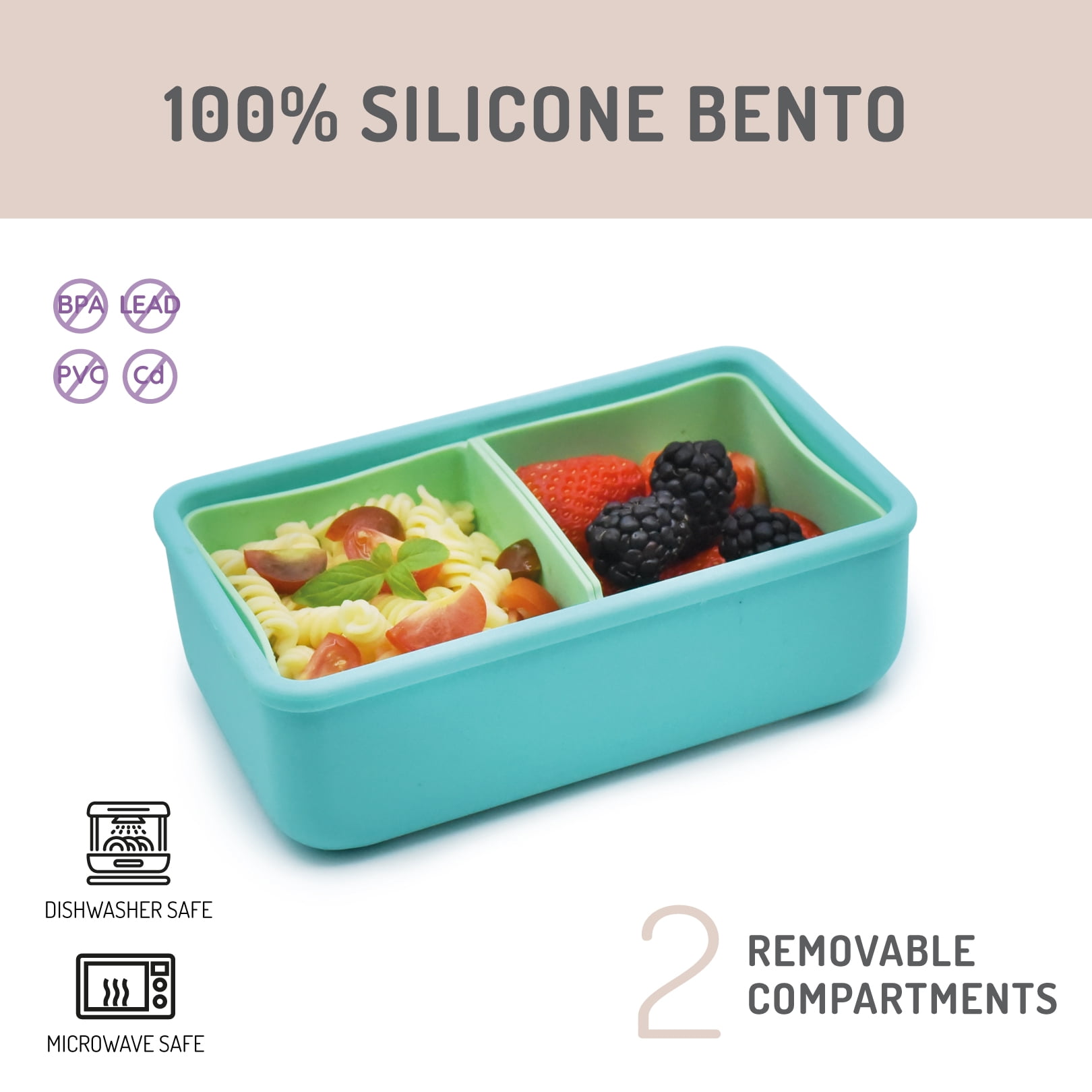 Melii Silicone Bento Box Food Storage Container with Removable Compartments, Blue Mint