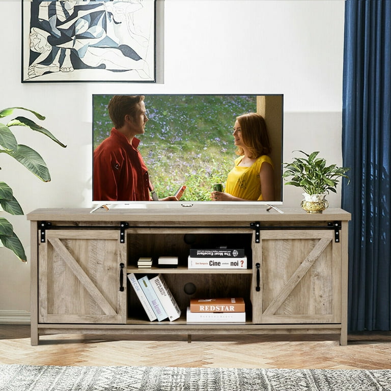 Costway TV Stand Console Cabinet Sliding Barn Door for TVs up to 60 White Oak