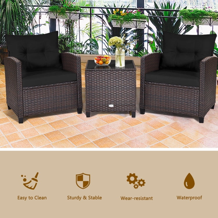 Aimee Lii 3 Pieces Wicker Patio Furniture Set, Coffee Table Cushioned Sofa, Modern Patio Furniture, Black Aimee Lii 3 Pieces Wicker Patio Furniture Set, Coffee Table Cushioned Sofa, Modern Patio Furniture, Black