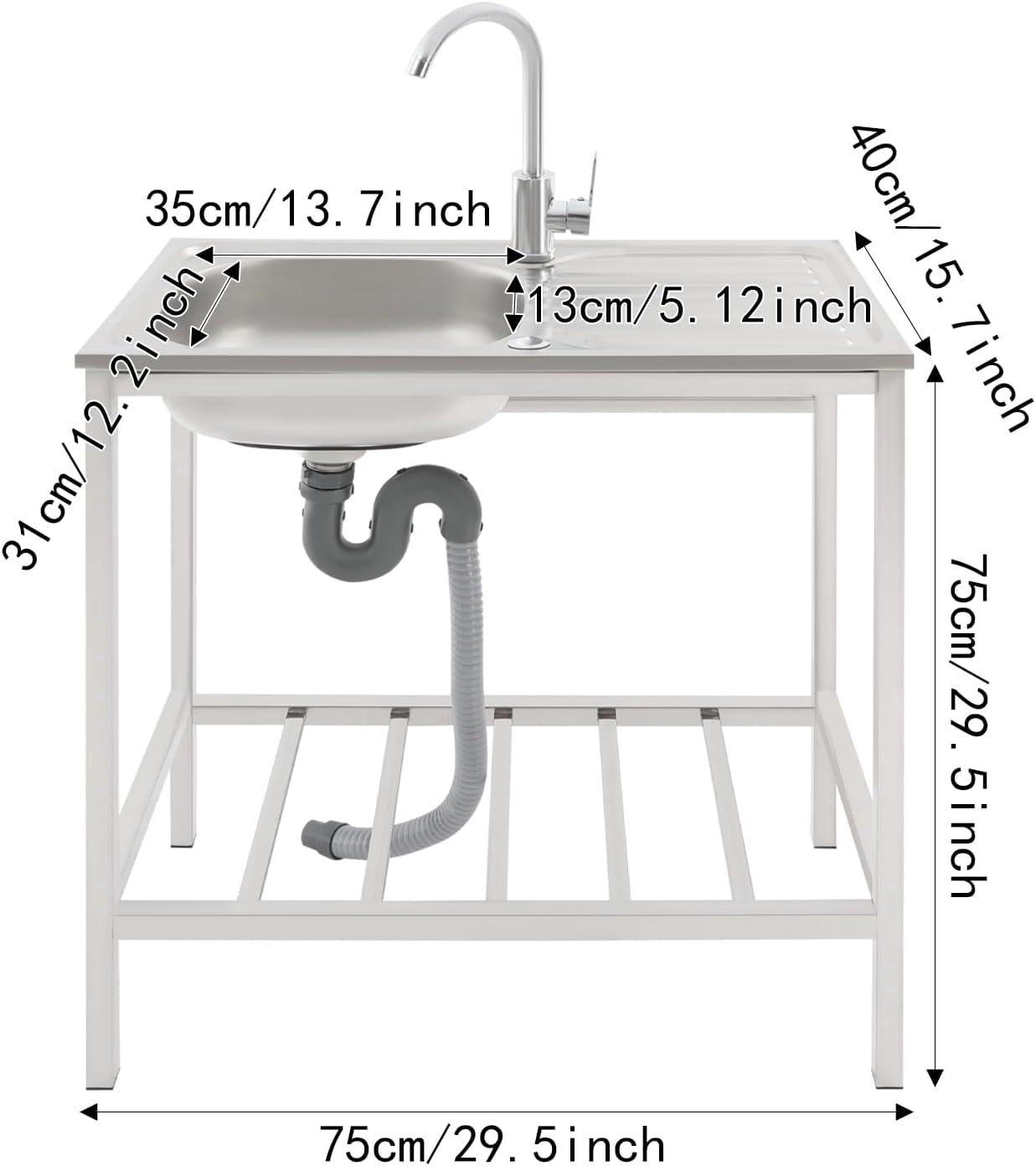 Stainless Steel Utility Sink, 29.5*15.7*29.5 in Free Standing Single Bowl Kitchen Sink with Hot and Cold Faucet & Storage Shelf, Indoor/Outdoor Washing Hand Basin Station for Restaurant