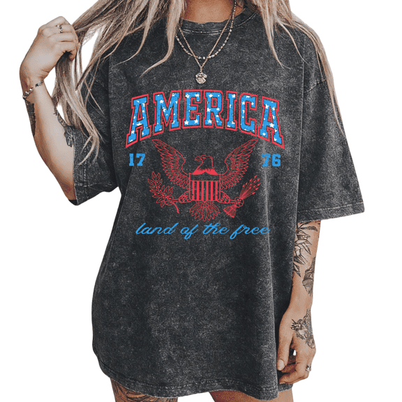 UNISHE Women's S-2XL America 1776 Eagle Vintage Washed T-Shirt Short Sleeve Cotton Oversized Fit Tee