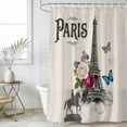 thumbnail image 4 of Paris Eiffel Tower Bathroom Shower Curtains with 12 Hooks Polyester Waterproof Shower Curtain for Stalls and Bathtubs Vintage Rose Floral Sculpture Butterfly Decorative Bathroom Curtain 72x96 Inches, 4 of 9