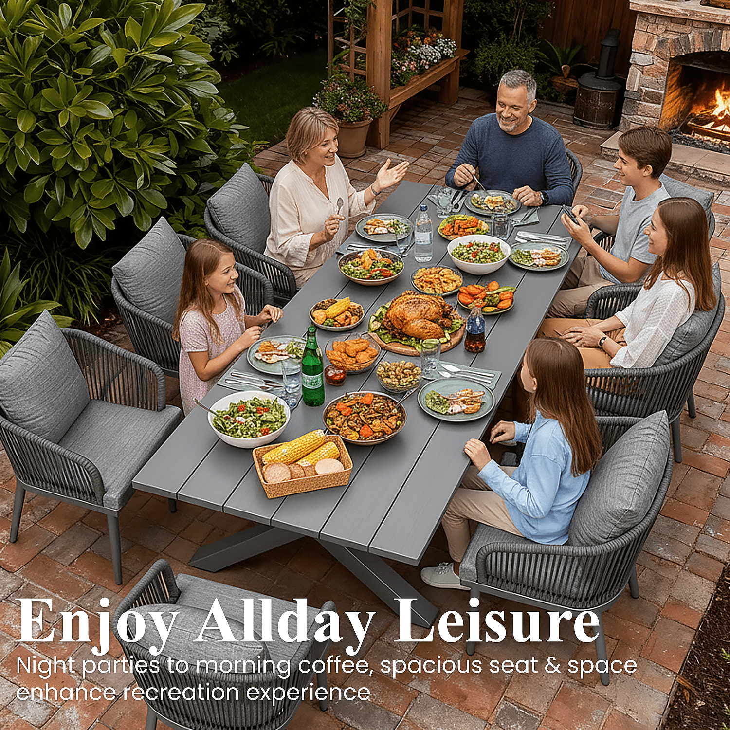 LayinSun 5 Pieces Outdoor Patio Dining Set, Aluminium Rectangular Dining Table and Wicker Rattan Chairs Set for Outside Backyard, Poolside