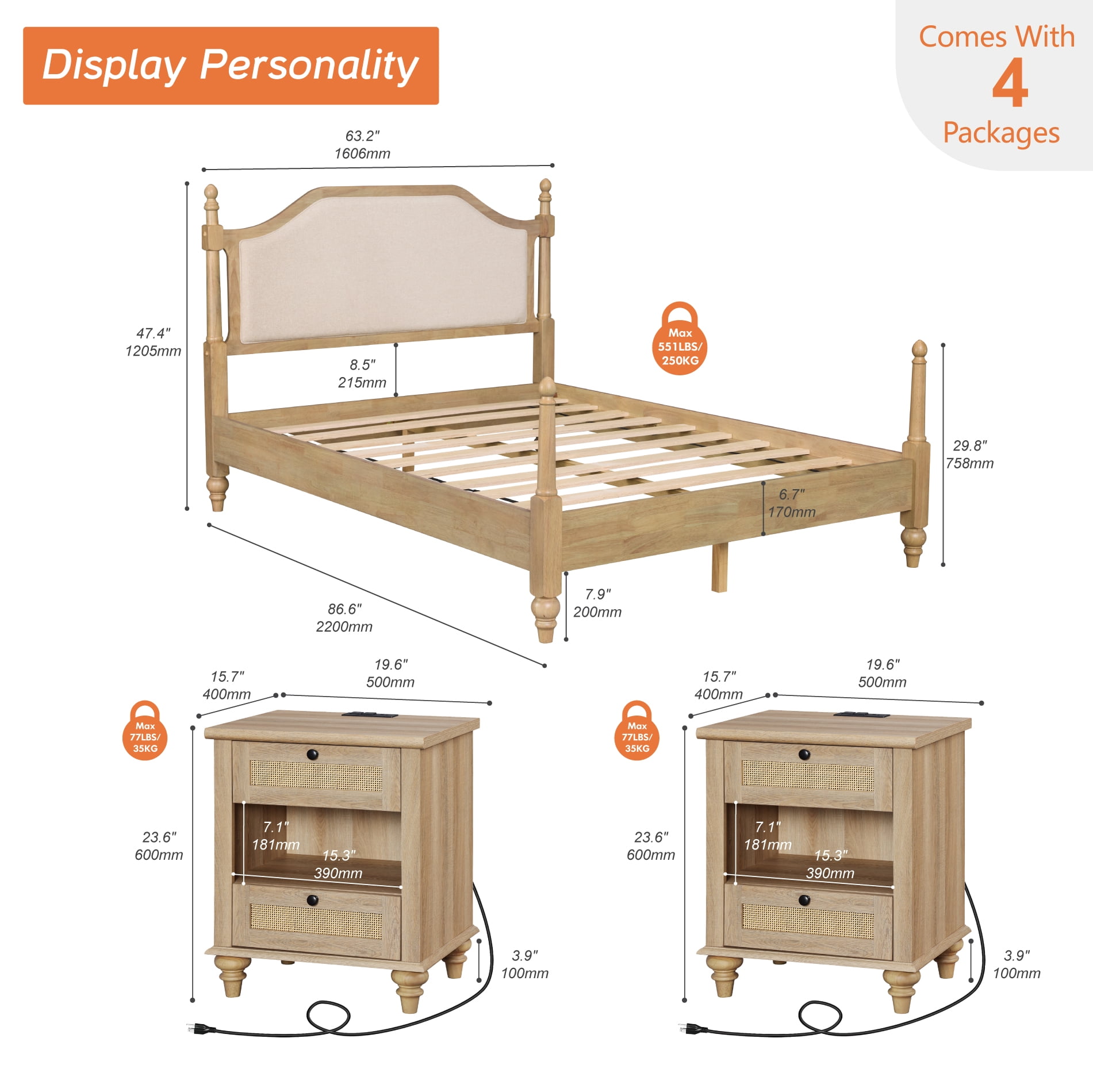 3 Piece Bedroom Set, Queen Bed Frame with Headboard & 2 Rattan Nightstands with Charging Station & Open Storage, Oak