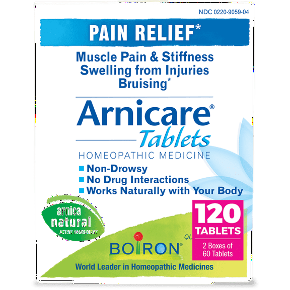 Boiron Arnicare Tablets, Homeopathic Medicine for Pain Relief, Muscle Pain & Stiffness, Swelling from Injuries, Bruising, 2 x 60 Tablets Twin Pack