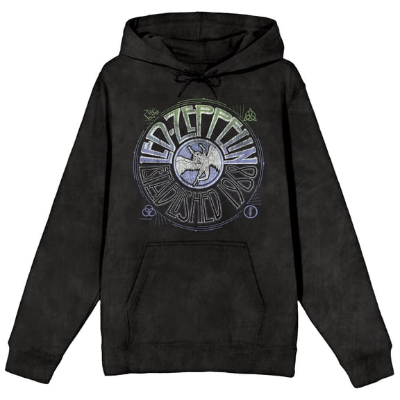 Led Zeppelin Record Logo Adult Mineral Wash Black Salt Long Sleeve Hooded Sweatshirt - Medium