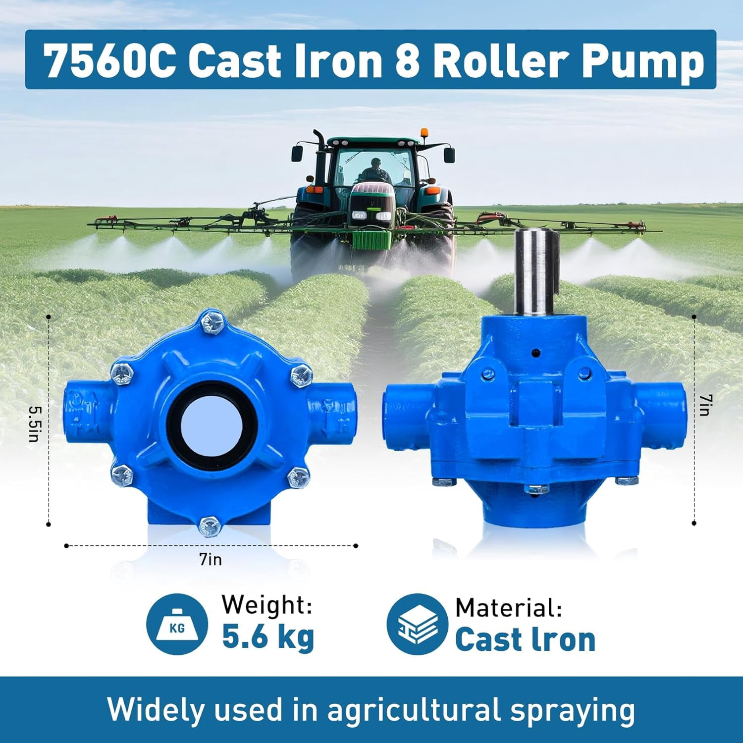 7560C Cast Iron 8 Roller Pump Compatible with Hypro 7560C, 22.5GPM, 300PSI Max Pressure, 3/4" NPT, 15/16" Solid Shaft for Agricultural Industry