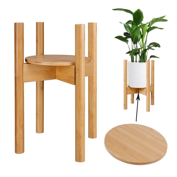 Hengguang Adjustable Indoor Plant Stand, 15 inch Tall Wooden Plant Holder, Mid Century Modern Wood Stand with Tray, Single Floor Flower Pot Holder for 9-12 inch Width Pots