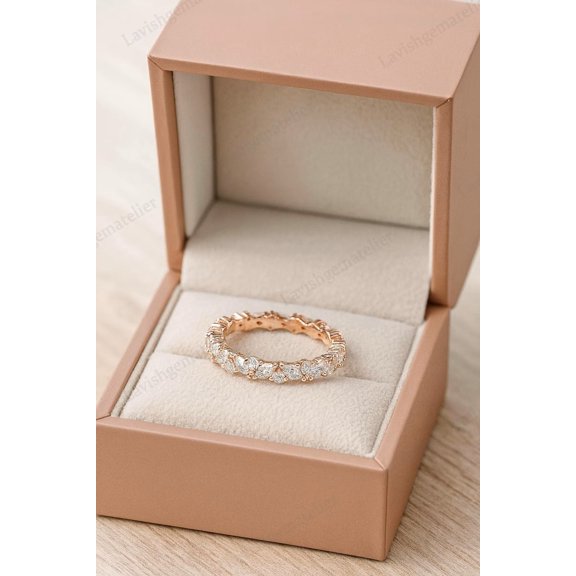Vintage Marquise Round Full Eternity White Moissanite Wedding Band, 10K Rose Gold Plated