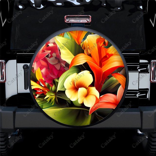 Colorful Strelitzia Flower Pattern Polyester Universal Spare Wheel Tire Cover Wheel Covers for Trailer RV SUV Truck Camper