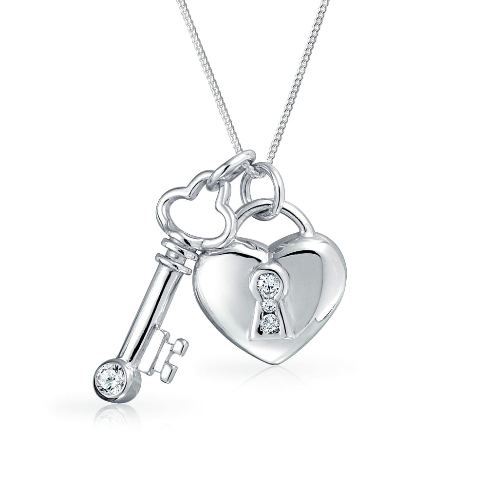 925 Sterling Silver CZ Padlock Key Pendant Love Charm Necklace Valentines Gift 