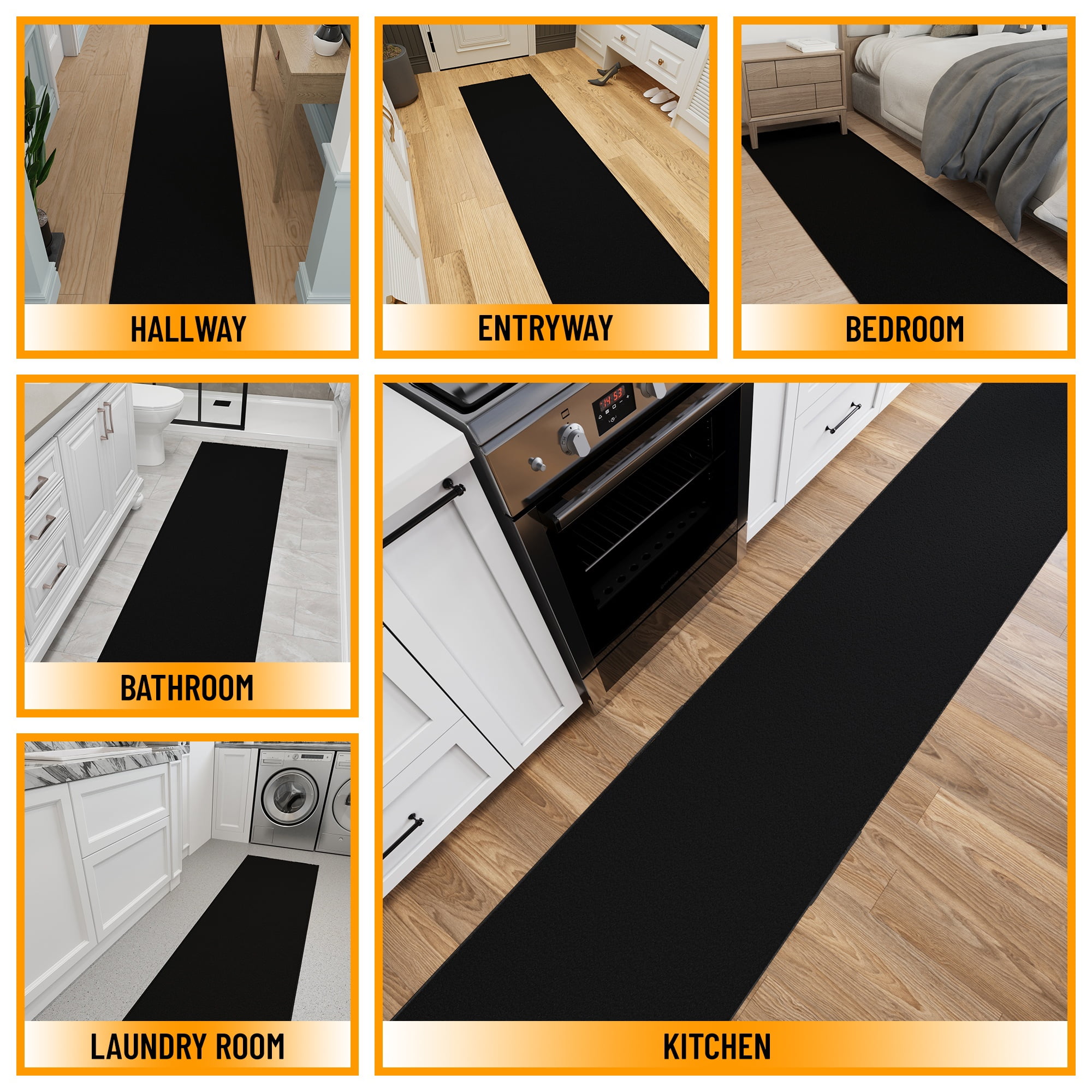 Ottomanson Extra Long Runner Rug Non-Slip Low Pile Stain Resistant, Solid Black, 1'10.5" x 17'