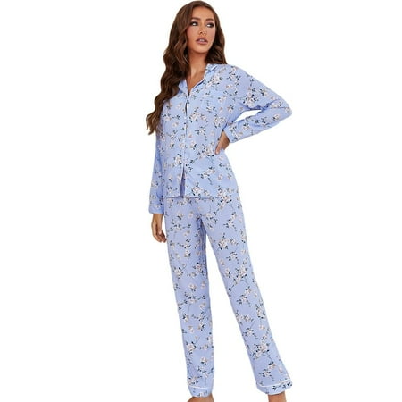 

Women s Pajamas Set Button-Down Shirt PJ Pants Two-piece Set Night Suit Floral Sleepwear Loungewear