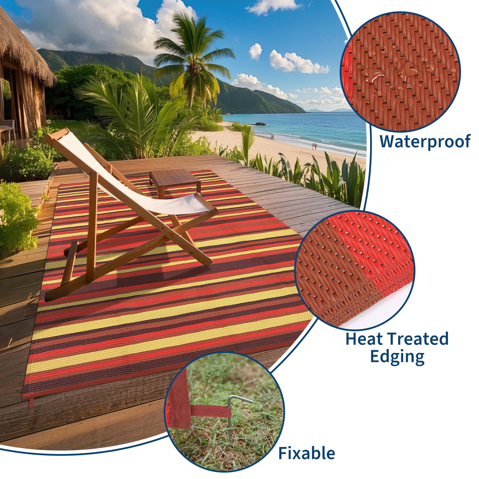 Nanan 8x10 Outdoor Patio Rug, Reversible Waterproof Plastic Straw Patio Rug, Modern Striped RV Camping Mat for Deck, Yard, Garden, Balcony, Poolside, Red/Multi
