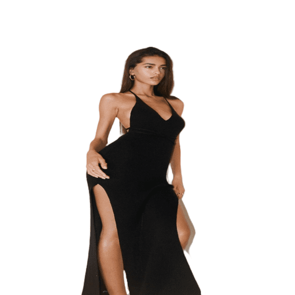 LYMAYTER Women's Knit Maxi Dress High Slit V Neck Halter Backless Dress Summer Evening Gown Party