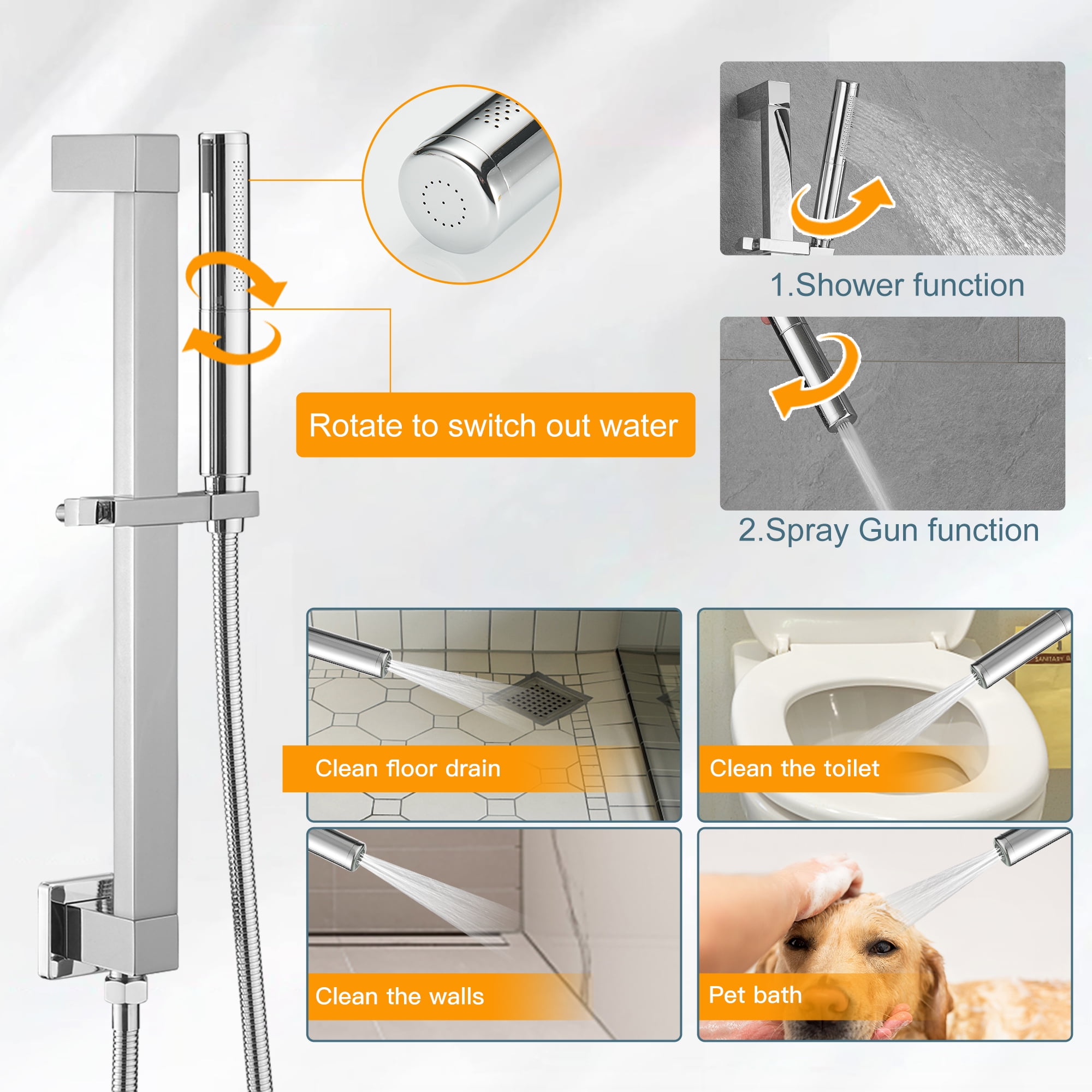 BESy 12 inch Polished Chrome Shower System Rain Shower Head with 2 in 1 Handheld Shower, Rainfall Shower System with Adjustable Slide Bar, Shower Faucet Fixture Combo Set