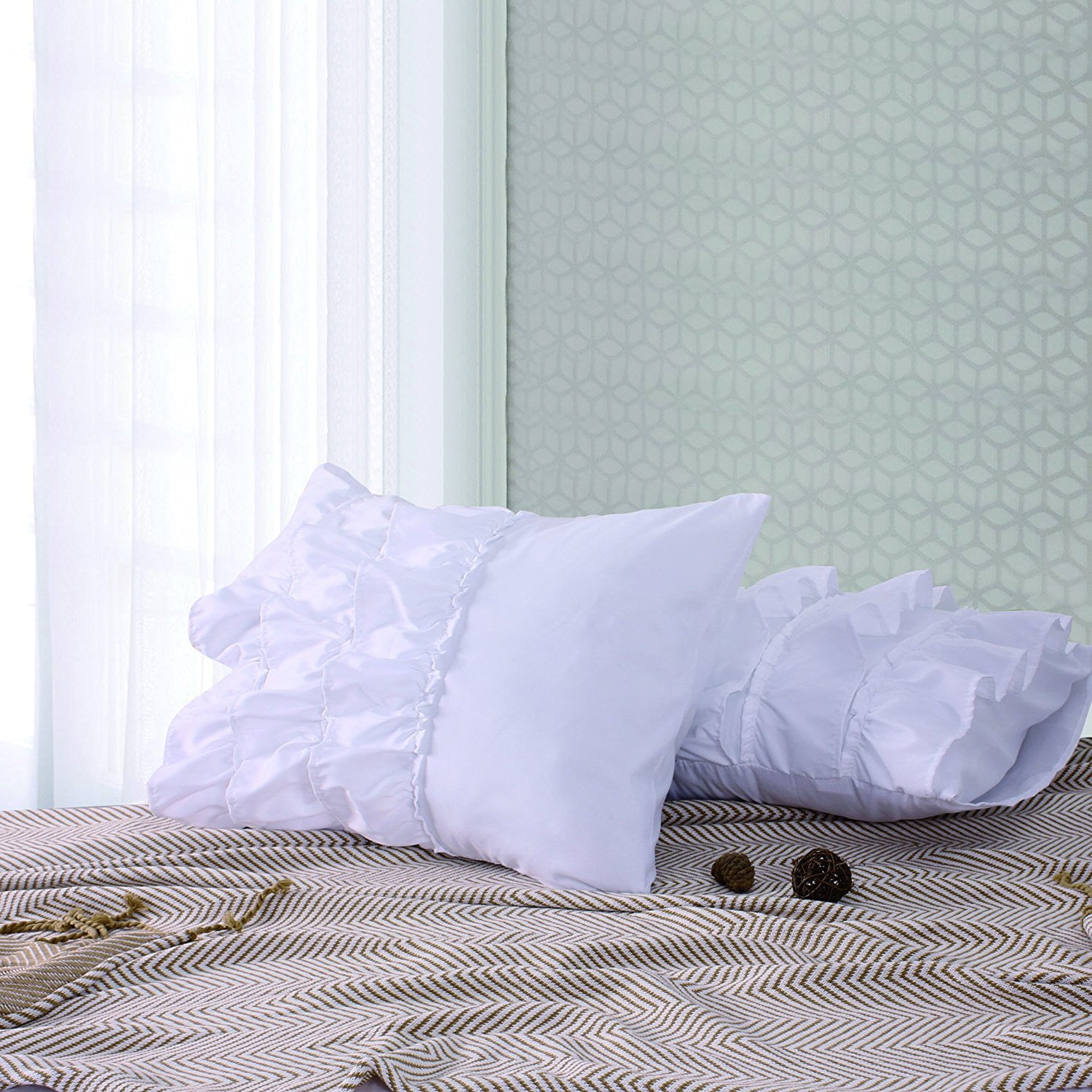 Empire Home Solid Ruffled Bed Pillow Cases Set of Two (2) Standard Size Pure White