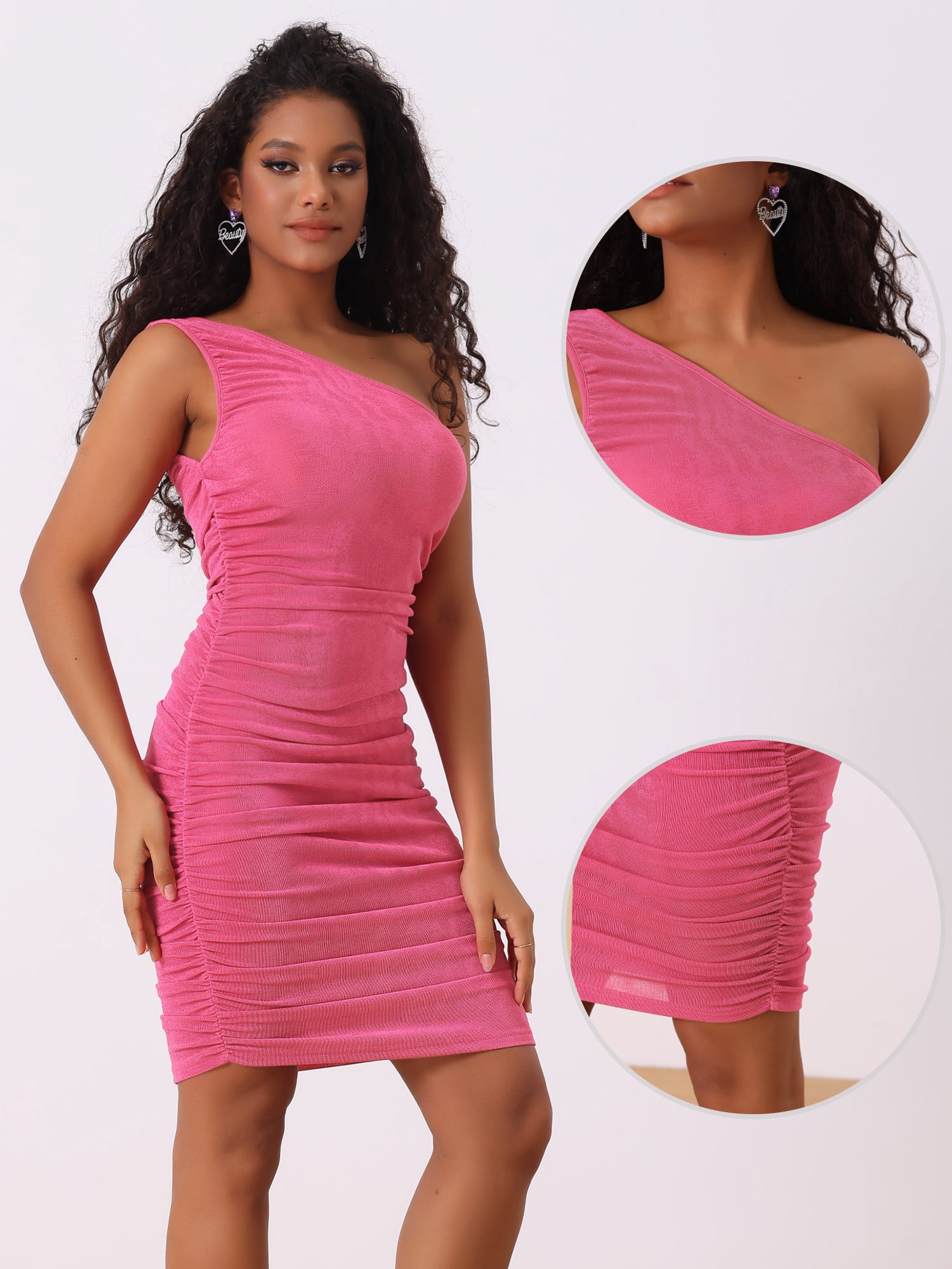 DARING DIVA Women's One Shoulder Ruched Sleeveless Bodycon Mini Dress M Hot Pink