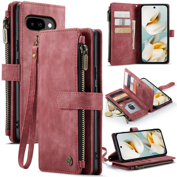For Google Pixel 9 A Wallet Case with Card Slots, Leather Detachable Wristlet Strap 3-in-1 Zipper Pocket and Magnetic Flip Folio, RFID Blocking Card Holder Stand Case for Women and Men,Red