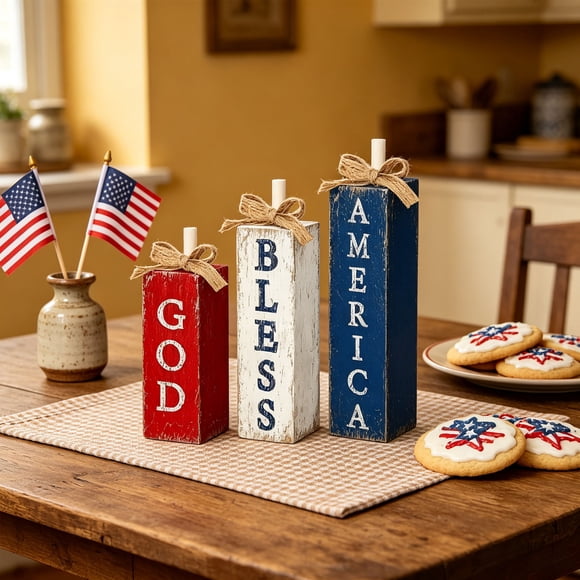 Sktrjpolfis 4th of July Wooden Candle Holders, Patriotic Red White Blue Candlesticks with Jute Bow, 3-Pack, for Tiered Tray Decor