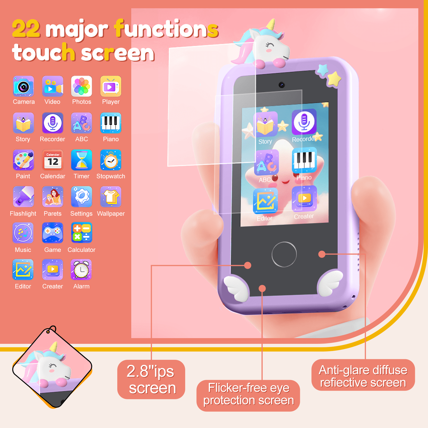Merryhome Kids Smart Phone for Girls, 2.8" Touchscreen Play Phone with 32G SD Card, Dual Camera, Puzzle Game, Music Player, Christmas Birthday Gifts for Kids Purple