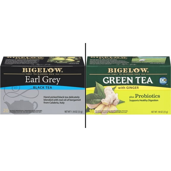 Bigelow Earl Grey Tea Bags 20 ct & Bigelow Green Tea with Ginger  Probiotics 18 ct