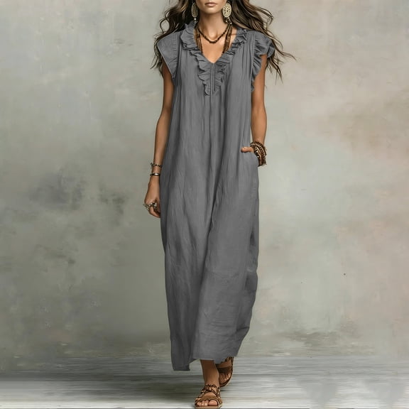 Nmnitkp Women's Ruffle V Neck Maxi Dress, Flutter Sleeveless Loose Linen Blend Dress with Pockets, Casual Summer Dress for Beach Vacation & Daily Wear Gray,S