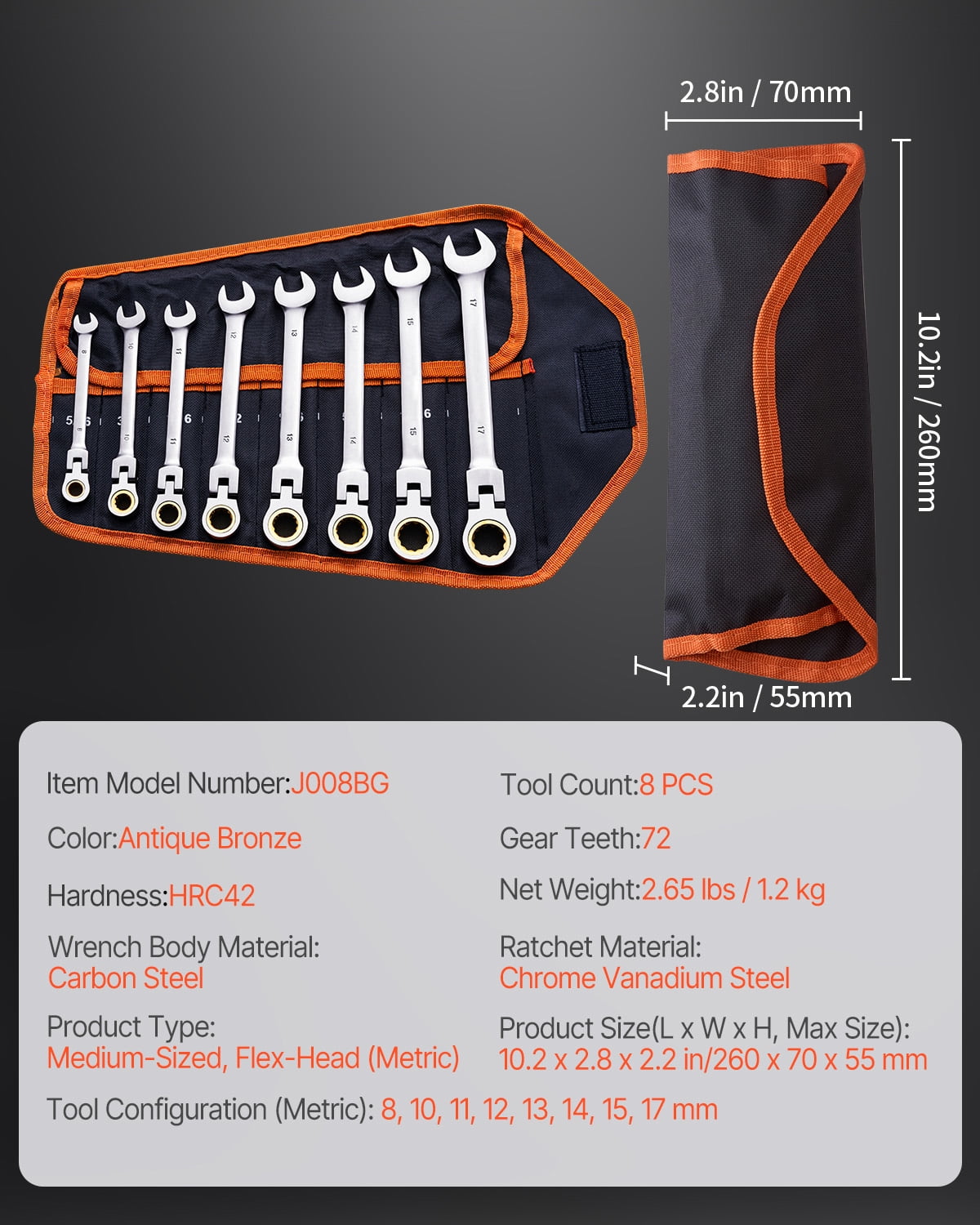 KFFKFF 8-Piece Flex-Head Ratcheting Wrench Set with Roll-Up Pouch, Cr-V Steel Combination Wrenches, Metric Sizes 8 mm to 17 mm, Suitable for Household and Automotive Repairs