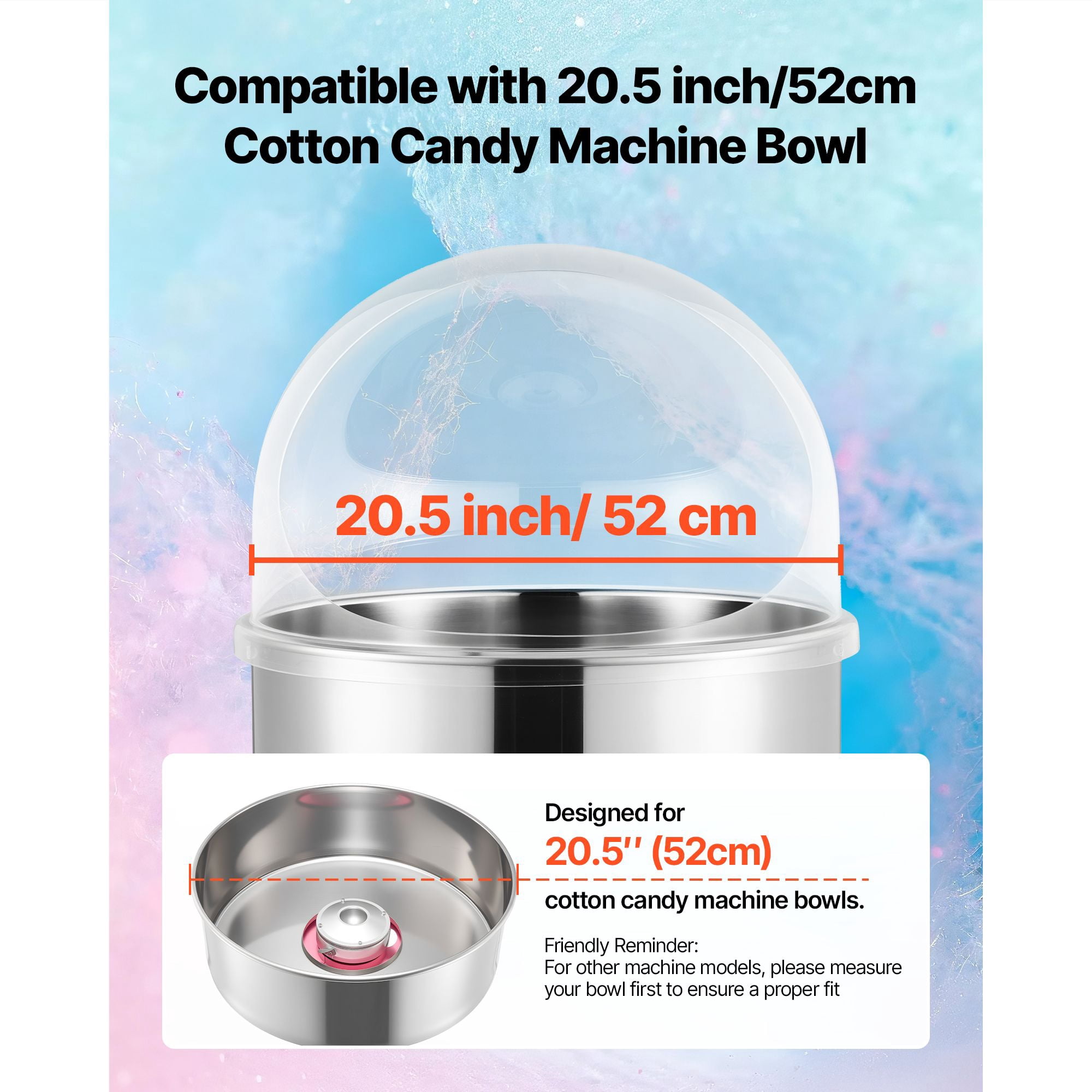 Acrylic Cotton Candy Machine Dome Cover, Fits 20.5" Bowl, Reinforced Clear Plastic, Sugar Containment, Easy Clean for Candy Floss Maker