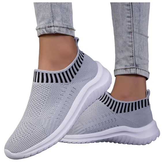 Running Shoes for Women Men Solid Color Knit Mesh Slip on Sock Sneakers Comfy Soft Sole Lightweight Casual Walking Shoes Light Gray Size 7