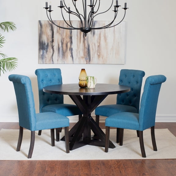 Roundhill Furniture Nylander 5-Pc Dining Set, Cross-Buck Dining Table with 4 Stylish Chairs, Blue