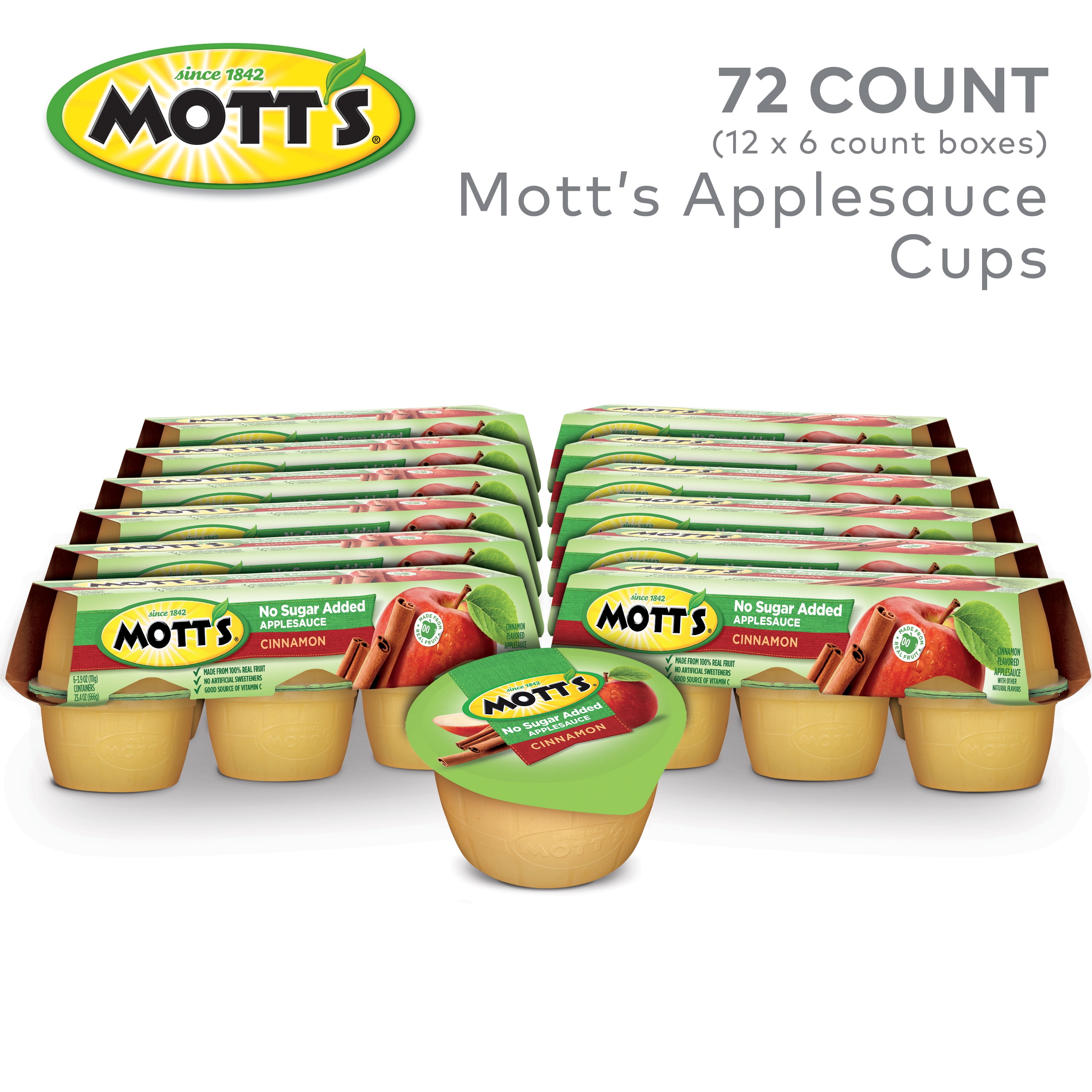 Mott's No Sugar Added Cinnamon Applesauce, 3.9 oz, 72 Count Cups (12 Packs of 6)