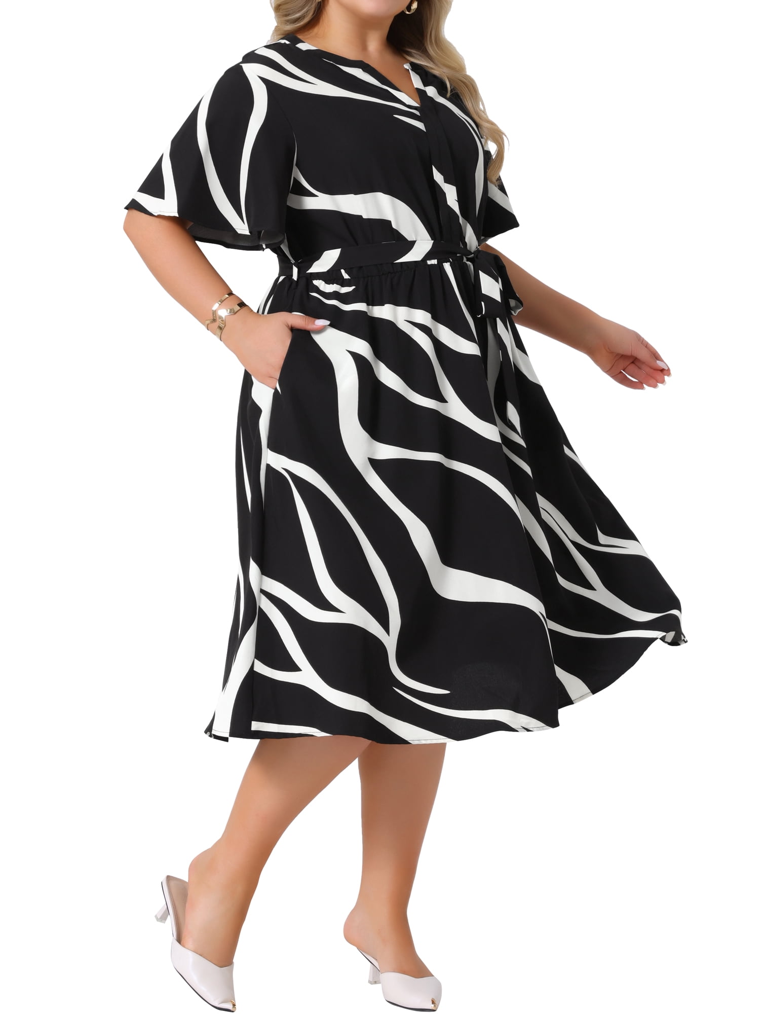 DARING DIVA Plus Size Short Sleeve Notched V Neck Midi Dress 2X Black