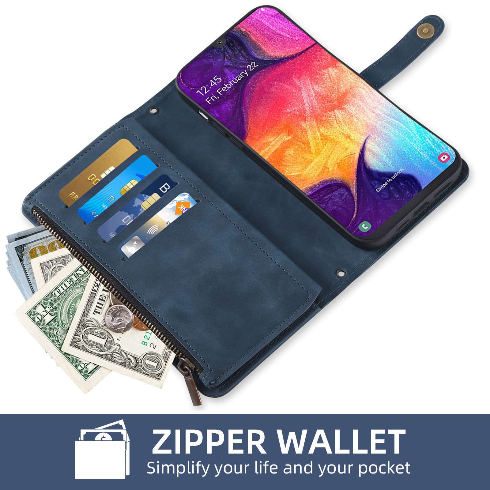 Asuwish Phone Case for Samsung Galaxy A50 A50S A30S Wallet Cover With Tempered Glass Screen Protector Crossbody Wrist Strap Flip Pattern Zipper Card Holder Cell A 50 50S 30S S50 50A SM A505G Men Blue